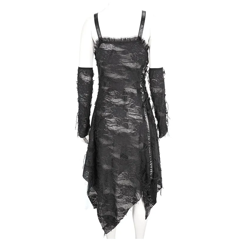 Women's Gothic Lace Ripped Hem Dress with Arm Sleeves