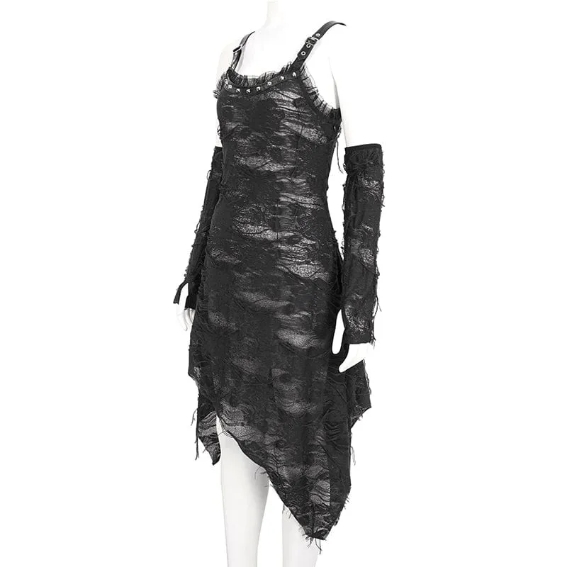 Women's Gothic Lace Ripped Hem Dress with Arm Sleeves