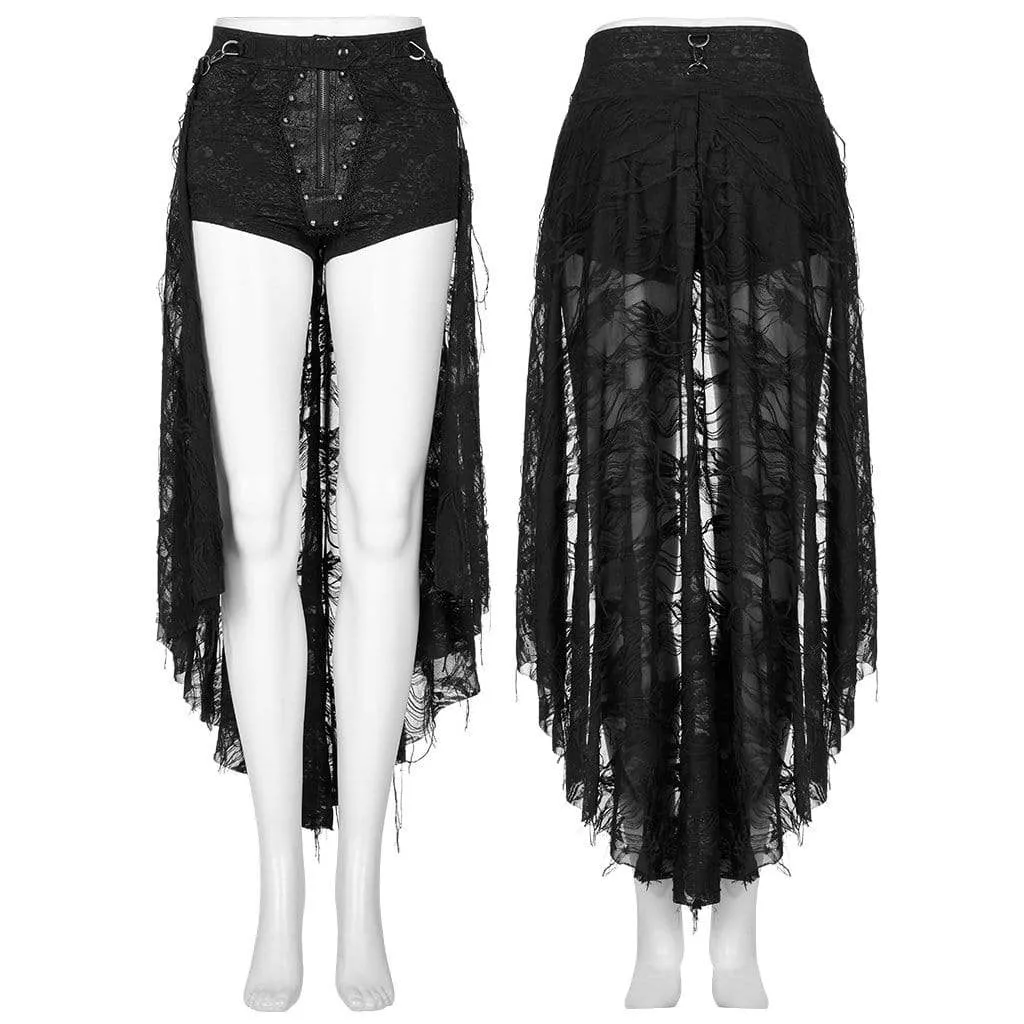 Women's Gothic Ripped Zipper Short with Mesh Overskirt