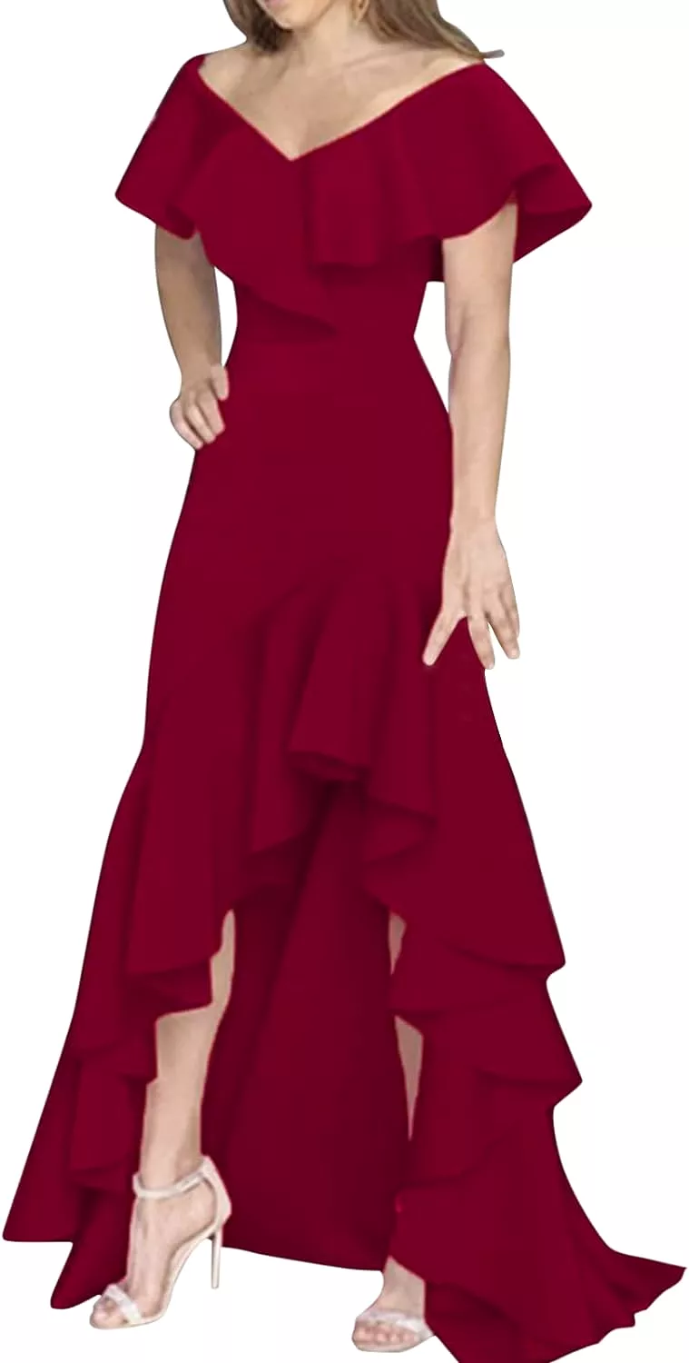 Womens V Neck Party Flowy Ruffle Irregular Long Dress B-60417, 2XL