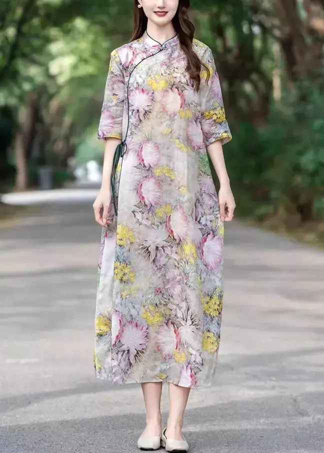 Yellow Lace Up Print Linen Dress Stand Collar Half Sleeve CG1009