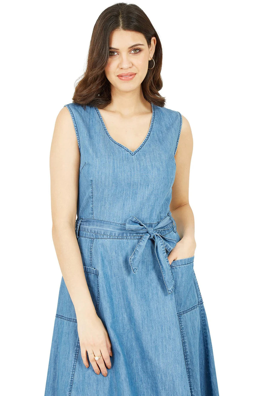 Yumi Blue Chambray Denim Midi Skater Dress