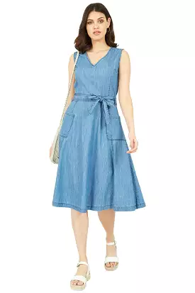 Yumi Blue Chambray Denim Midi Skater Dress