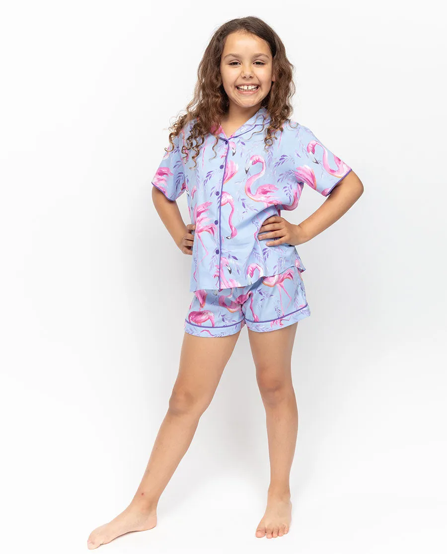 Zoey Girls Blue Flamingo Print Shorty Set