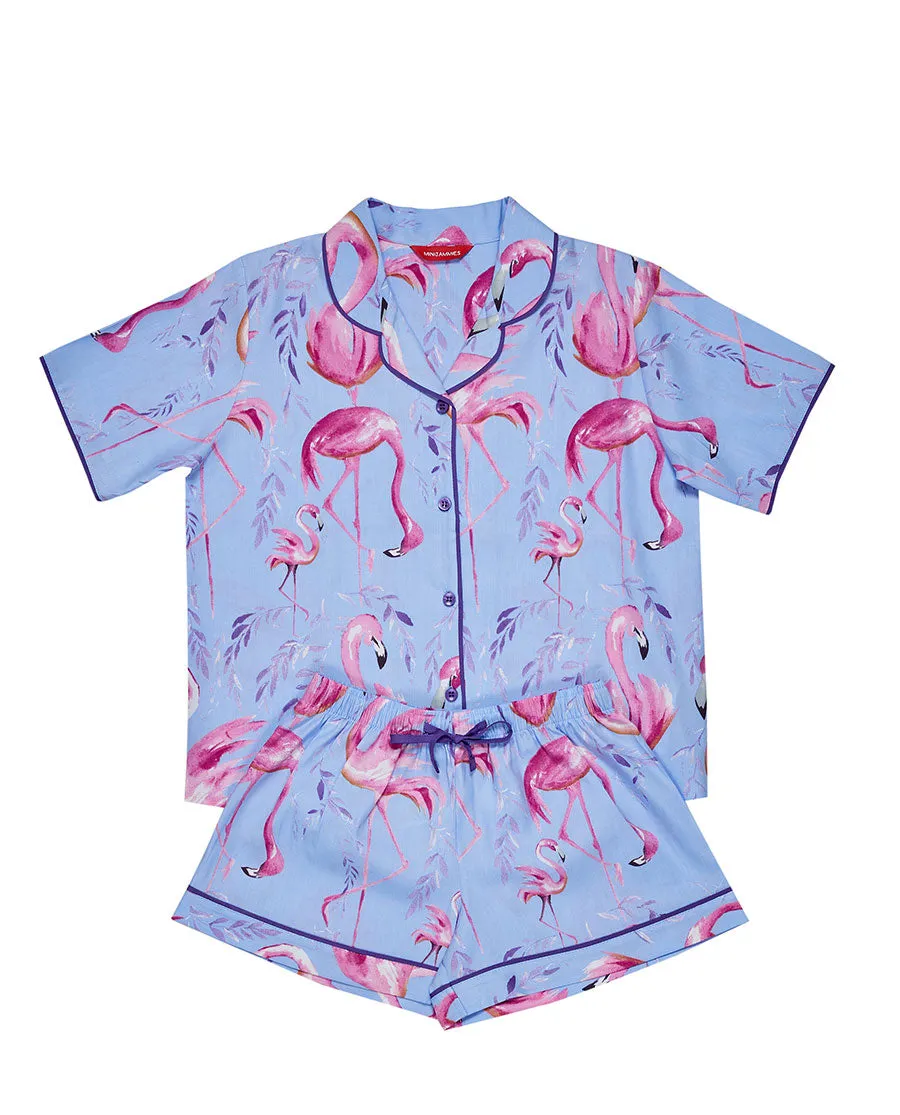 Zoey Girls Blue Flamingo Print Shorty Set