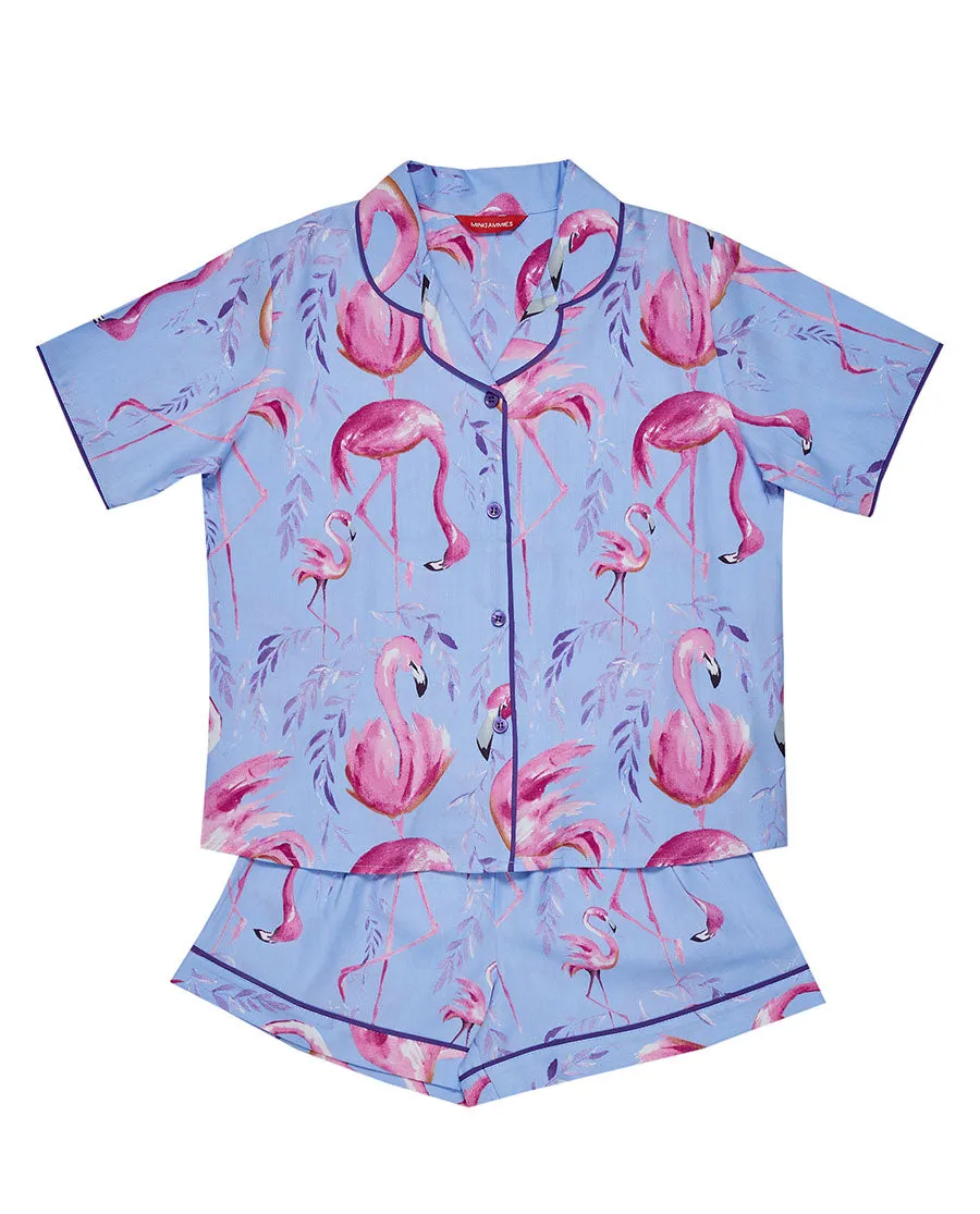 Zoey Girls Blue Flamingo Print Shorty Set